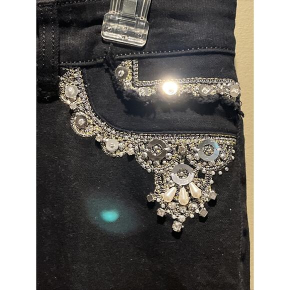 Womens Black Moda Luxe Denim Jeans Rhinestone Embellished Side Zippers 8 - Picture 8 of 11